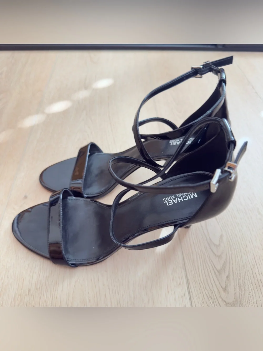 MICHAEL Michael Kors Ava Mid Patent Leather Strappy Sandal Black Size 10